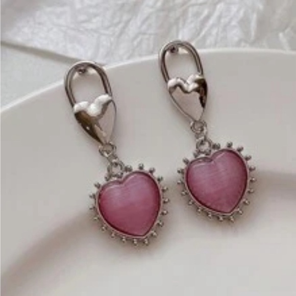 Pink Heart Silver Drop Earrings - Picture 5 of 14